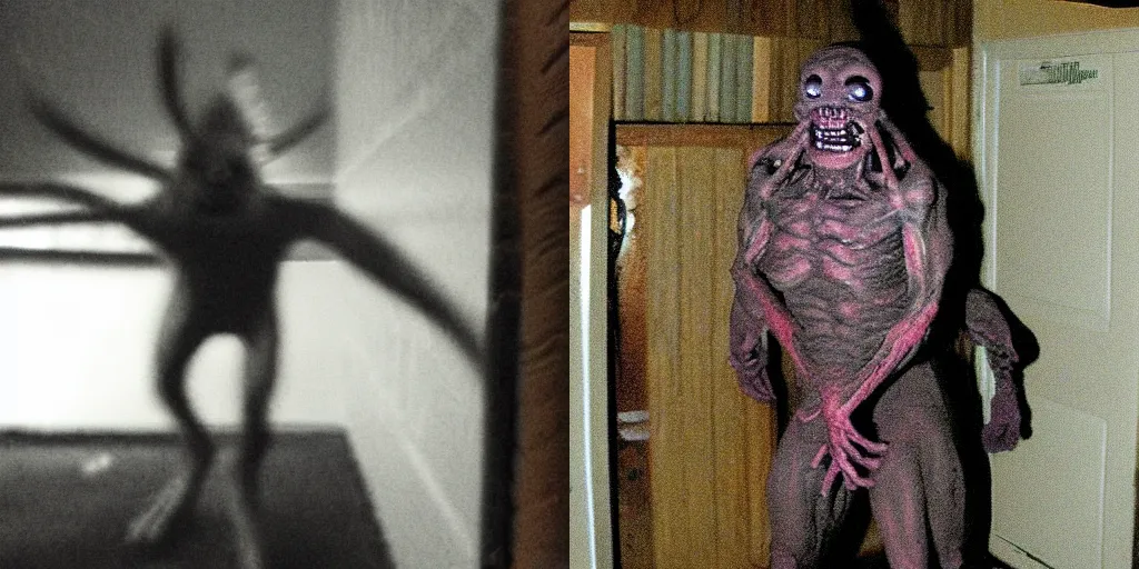 Prompt: mutant freak that lives in the basement, grainy photograph