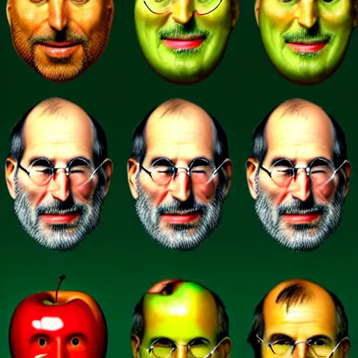 Prompt: giuseppe arcimboldo, steve jobs, face shape composed from many small apples, red apples, green apples, yellow apples, leaves, branches, detailed photograph, intricate portrait design, diffuse lighting, aesthetic, trending on artstation