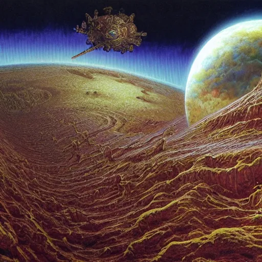 Prompt: a hybrid of the mandelbox and a barren hellscape populated by demons, illustrated by thomas kincade and wayne douglas barlowe and chris foss