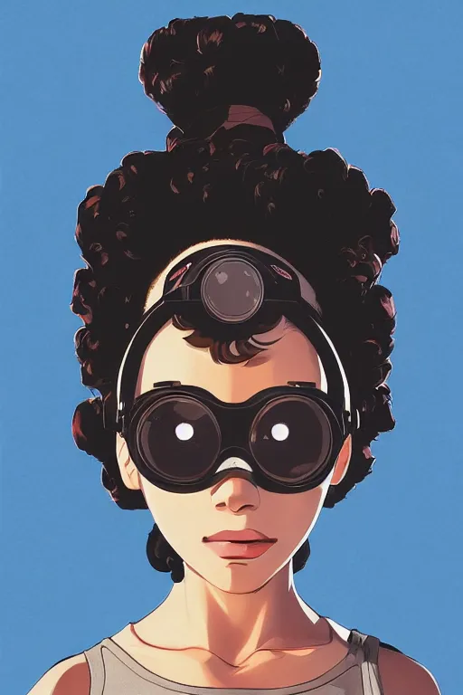 Image similar to face of a beautiful girl wearing goggles, dark skin, big hair, symmetrical, ilya kuvshinov, jamie hewlett, yoji shinkawa, muted colors, portrait, beautiful detailed illustration, 17th century oil painting, flat colors, studio ghibli, cel shading, loish, pop art,