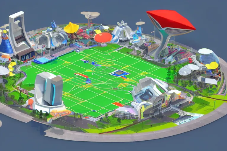 Image similar to isometric view of a futuristic high - tech sky arena inspired by modern skate parks and modern chinese playgrounds in the style of mario 3 d world, day