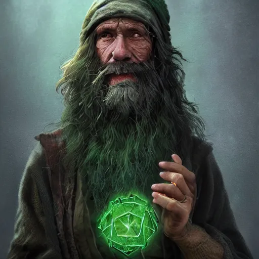 Prompt: realistic a human hobo druid with green magic around, fantasy book, d & d, high detail, 8 k, octane render painting, dark fantasy