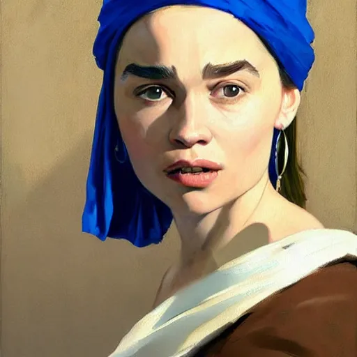 Image similar to greg manchess portrait painting of the boy with the pearl earring with the face of emilia clarke, medium shot, asymmetrical, profile picture, organic painting, sunny day, matte painting, bold shapes, hard edges, street art, trending on artstation, by huang guangjian and gil elvgren and gerald brom