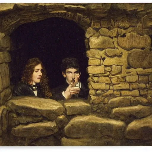 Image similar to young victorian man and woman investigators solving a riddle carved into a stonewall in a dungeon, by alfred stevens