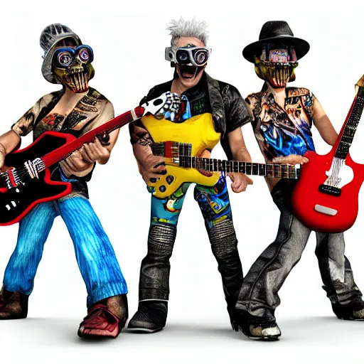 Image similar to merchandise tshirt art of a fictive rockband with 3 dieselpunk robots playing guitar, 8 k, flourescent colors, halluzinogenic, multicolored, exaggerated detailed, front shot, 3 d render, octane