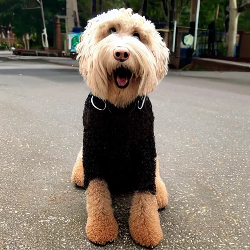 Prompt: black labradoodle with a bandana on