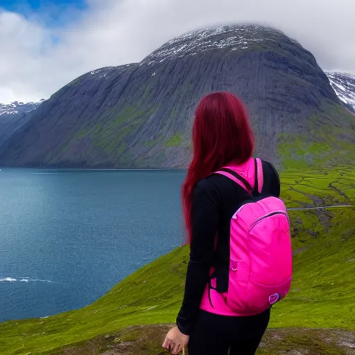 Image similar to a young woman with long pink hair looking at fjords, hiking clothes, tank top, backpack, norway, fjords in background, cinematic, beautiful, stunning, day time, epic, 8 k, 1 6 : 9