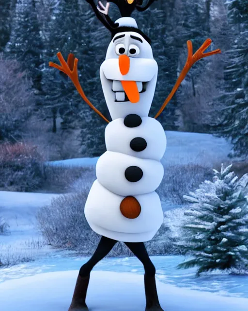 Image similar to photo of olaf from frozen with a human body, standing up, with a sweater and yoga pants.