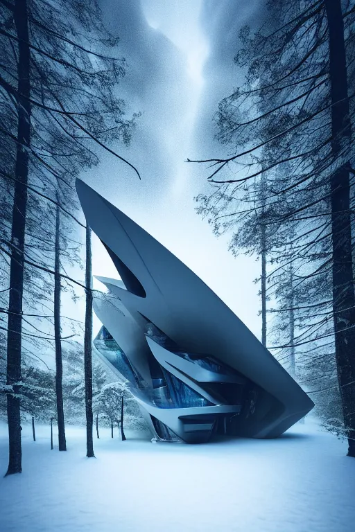 Image similar to a futuristic scene in front of a zaha hadid building in the forrest of the french alps in the style of chris moore, stormy weather, cinematic matte painting, extreme detail photo quality, dark moody colors, snowfall, featured on behance