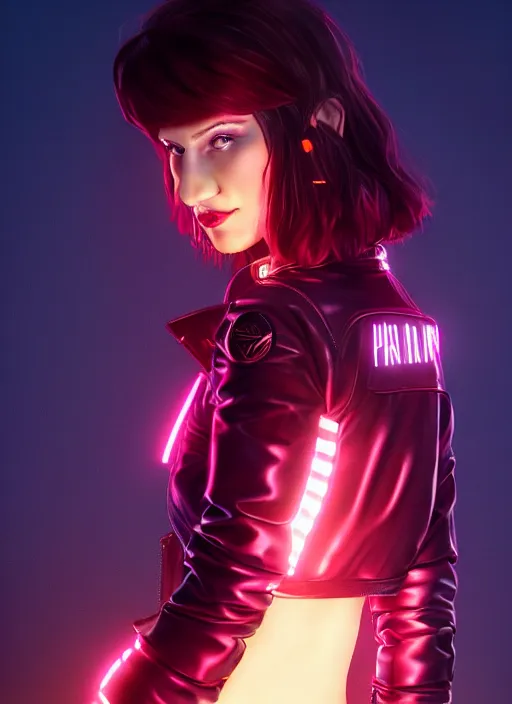 Image similar to pretty young woman with shoulder length shiny shimmering dark red hair and wearing a stuffed leather jacket with the glow of neon lights illuminating her, path traced, highly detailed, high quality, digital painting, by cd projekt red, cyberpunk,