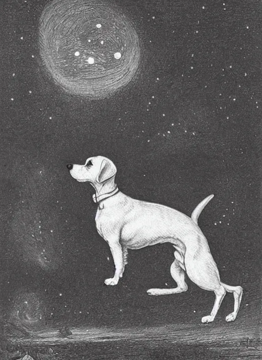 Image similar to candid portrait of jack russel dog looking up, from behind, night sky, highly detailed, side view, illustrated by peggy fortnum and beatrix potter and sir john tenniel