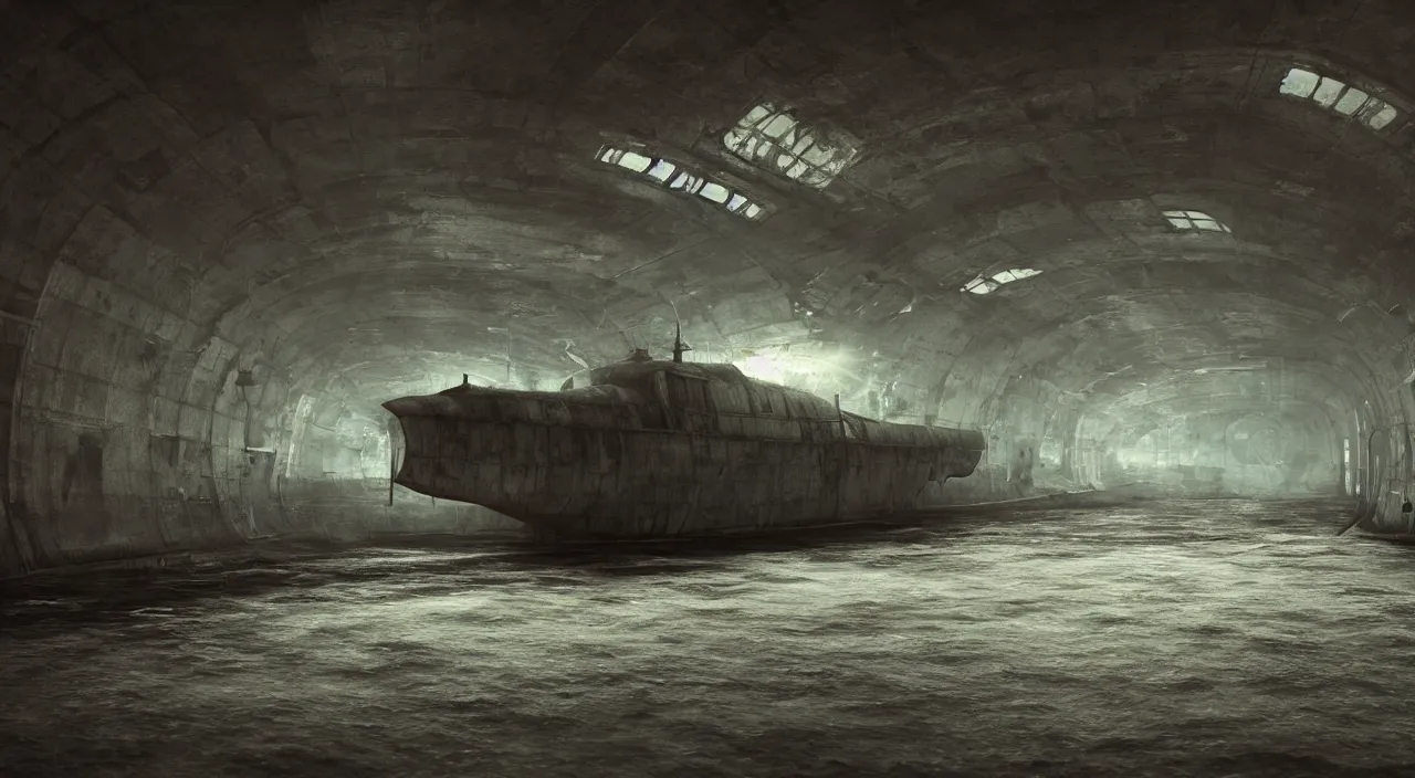 Image similar to inside an empty and abandonned ussr uboat, very dark mood, light beams comming from tiny holes, concept art, 4 k, art station trend, octane render, sharp and highly detailed