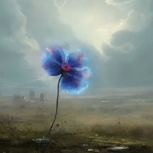 Prompt: Single blue magical flower growing on an ashen field, apocalyptik city, flower, clouded sky, oil painting, by Greg Rutkowski