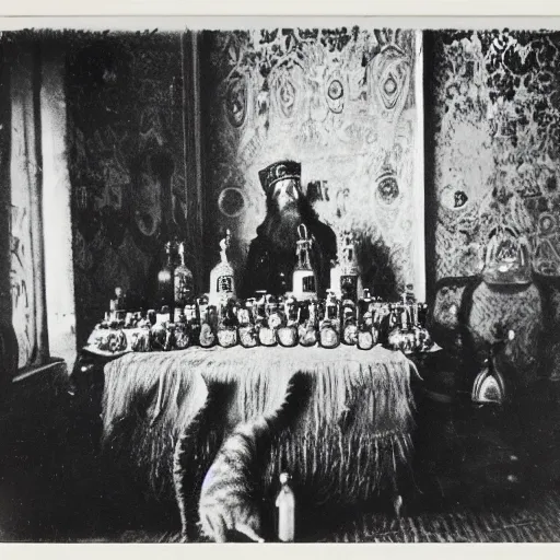 Prompt: Ivan the Terrible in his palace in Moscow and his kitten collection in bottles, wide angle, high detail, Polaroid , old photo width 768