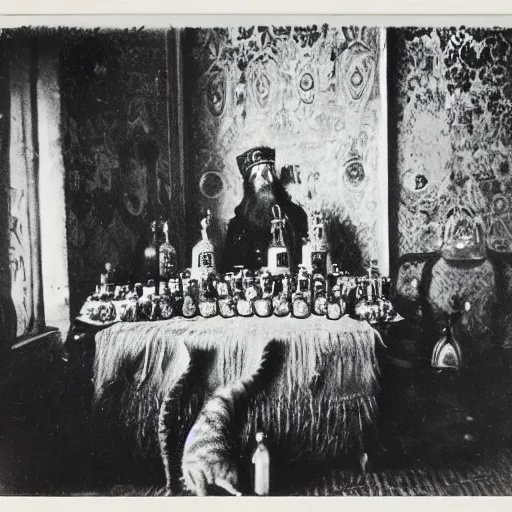 Image similar to Ivan the Terrible in his palace in Moscow and his kitten collection in bottles, wide angle, high detail, Polaroid , old photo width 768