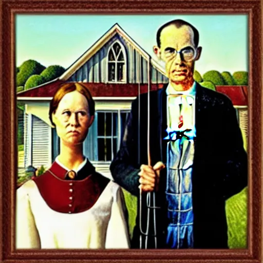 Prompt: margorie taylor greene and matt gaetz, grant wood ’ s american gothic, artistic