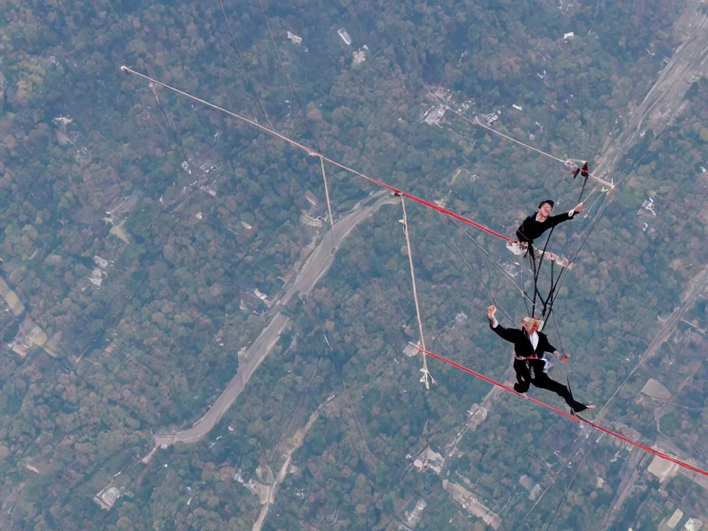 Prompt: A tightrope walker in the middle of walking a small thin line attached to the wings of two planes in the sky, realism, wide-angle, photography, epic, 4k