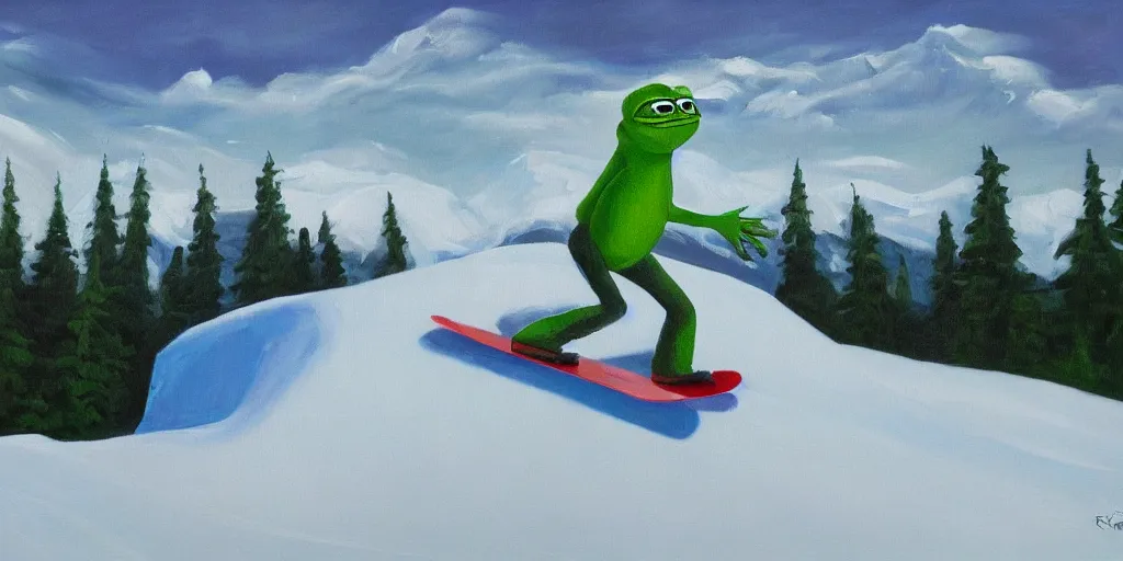 Image similar to pepe the frog snowboarding, gloomy landscape, oil painting by christopher radlund