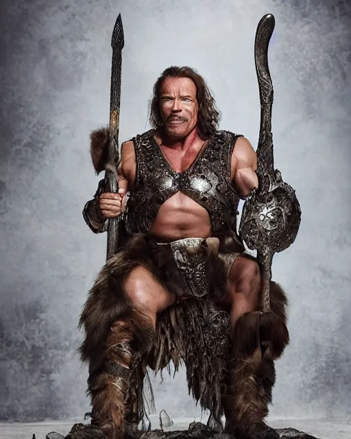 Prompt: arnold schwarzenegger as king conan, directed by john millius, photorealistic, sitting on a metal throne, wearing ancient cimmerian armor, a battle axe to his side, he has a beard and graying hair, he has a happy corgi dog on his lap, cinematic photoshoot in the style of annie leibovitz, studio lighting