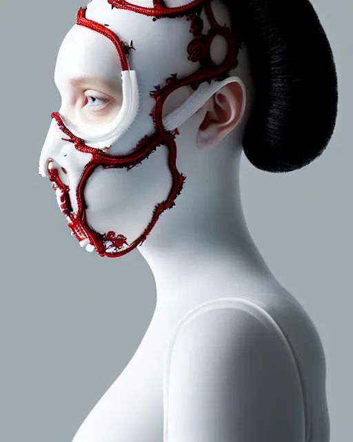 Image similar to portrait of a woman wearing a white embroidered translucent silicone mask and white red frizzy hair buns, wearing a black bodysuit by alexander mcqueen, cream white background, soft diffused light, biotechnology, humanoide robot, bjork aesthetic, translucent, by rineke dijkstra, intricate details, highly detailed, masterpiece,