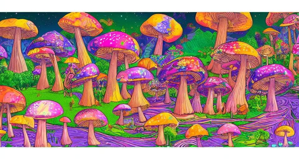 Image similar to A tribal village in a forest of giant mushrooms, by Lisa Frank,