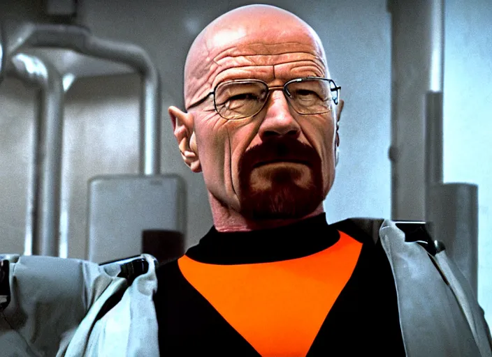 Image similar to film still of Walter White as Gordan Freeman in an underground lab facility wearing a black HEV suit with an orange lambda logo in front with a glowing blue portal in the background in the Half Life Movie, 4k