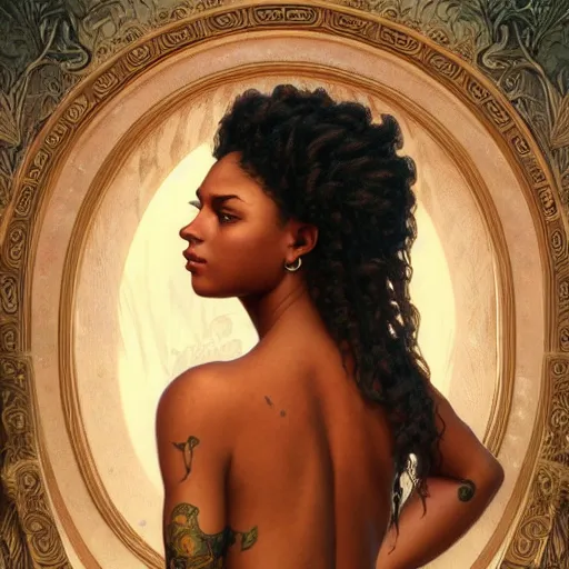 Prompt: portrait of a sexy afro tattooed girl, intricate, elegant, highly detailed, digital painting, artstation, concept art, smooth, sharp focus, illustration, art by artgerm and greg rutkowski and alphonse mucha and william - adolphe bouguereau