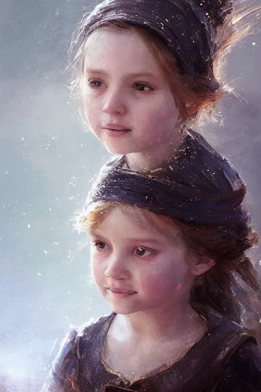 Prompt: medieval little girl, joyful, hope, close - up portrait, intricate, elegant, volumetric lighting, scenery, digital painting, highly detailed, artstation, sharp focus, illustration, concept art, ruan jia, steve mccurry