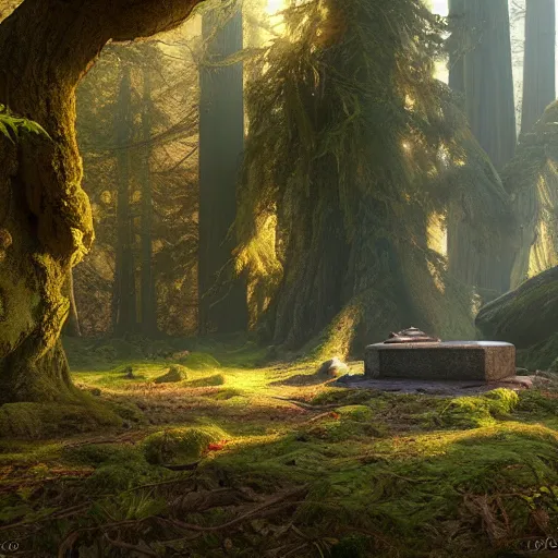 Image similar to grave in a redwood forest, sunlit, octane render, matte, greg rutkowski, highly detailed, hdr