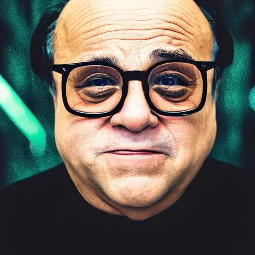 Image similar to danny devito as a hacker in the matrix, modelsociety, radiant skin, huge anime eyes, rtx on, perfect face, directed gaze, sony a 7 r iv, symmetric balance, polarizing filter, photolab, lightroom, 4 k, dolby vision, photography award