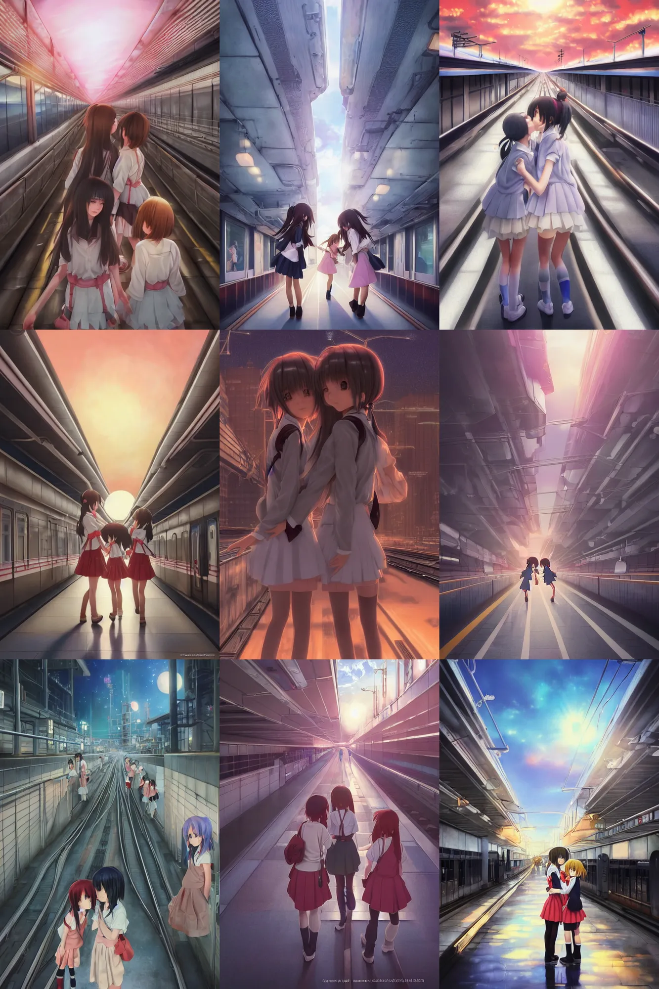 Prompt: Ultra realistic 3d illustration, cute 3d anime schoolgirls hugging each other on huge japanese elevated subway at dark infrared sunset. fantasy, elegant, dramatic light, trending on artstation, smooth, sharp focus, illustration, art by hiro kiyohara and hayao miyazaki oil painting