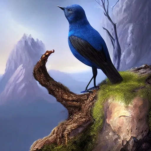 Prompt: The most beautiful realistic matte painting of a blue ring neck bird sitting on a tree surrounded by mountains, fantasy, dream-like, artstationHQ