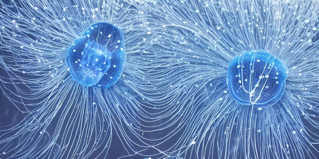 Image similar to a highly detailed underwater jellyfish with fiber optics as tentacles electrically shocking the water creating subtle waves and microscopic explosions