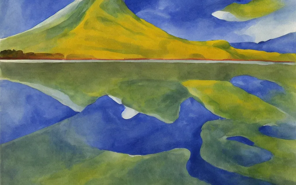 Prompt: the alps and reflection in a lake in the style of georgia o keeffe. colorful, wavy. painting. medium long shot. perspective. color palette of blue, yellow, purple, green. alpenguhen