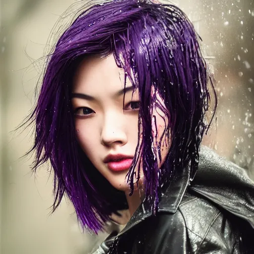 Prompt: photo of a gorgeous wet asian female with long dark purple hair in the style of stefan kostic, realistic, cyberpunk, leather jacket, aviators, mask, nighttime, rain storm, body shot, sharp focus, 8 k high definition, insanely detailed, intricate, elegant, art by stanley lau and artgerm, floating embers