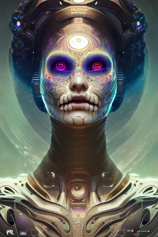 Prompt: portrait of ultra detailed female android deity, scifi, fantasy, octane render, dia de los muertos, global illumination, intricate concept art, beautiful eyes, triadic color scheme, 8 k, art by artgerm and kuciara and greg rutkowski and alphonse mucha and loish and wlop