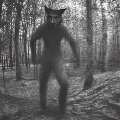 Image similar to bad quality blurry nightfootage nightcam black and white trailcam footage of native weird distorted human bodySkinwalker transforming into a coyote, low resolution, compressed