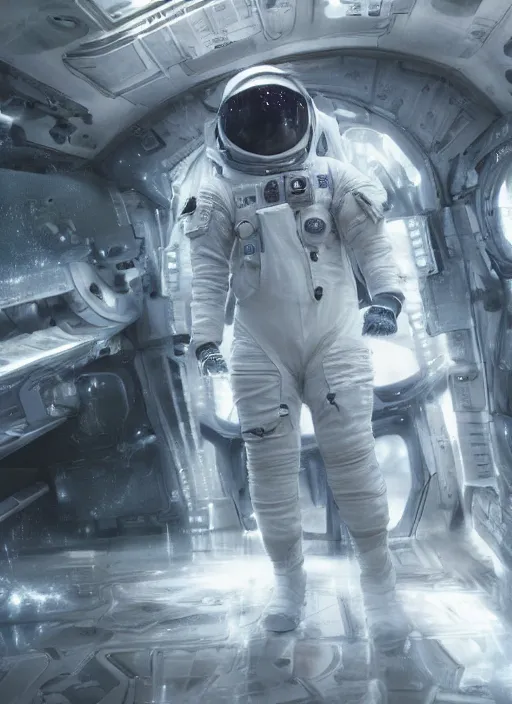 Image similar to concept art by craig mullins astronaut in futuristic dark and empty spaceship underwater. infrared glowing lights. complex and hyperdetailed technical suit. reflection and dispersion materials. rays and dispersion of light. volumetric light. 5 0 mm, f / 3 2. noise film photo. flash photography. unreal engine 4, octane render. interstellar movie art