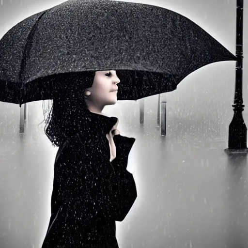 Image similar to heavy rain and a girl with an umbrella in black and withe