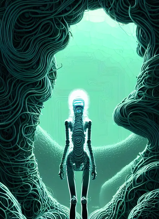 Prompt: highly detailed portrait of a biopunk long curly white hair tribal lady, stray wiring by atey ghailan, james gilleard, by joe fenton, by greg rutkowski, by greg tocchini, by kaethe butcher, 4 k resolution, gradient green, black and white color scheme!!! ( ( irradiated robotic cavern background ) )