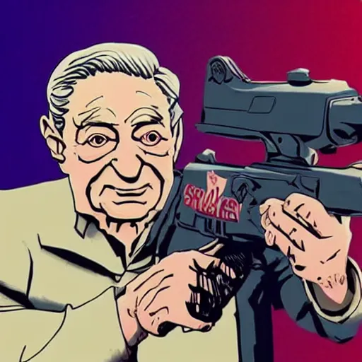 Prompt: george soros wrestling posing with an ak 4 7 in the desert anime stlye