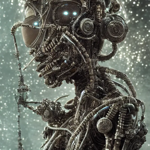 Image similar to timeless cybernetic deity with circuitry skin and networked mind tripping on acid, intricate detail, royo, whealan, giger, klimt, hd, octane render, unreal engine,