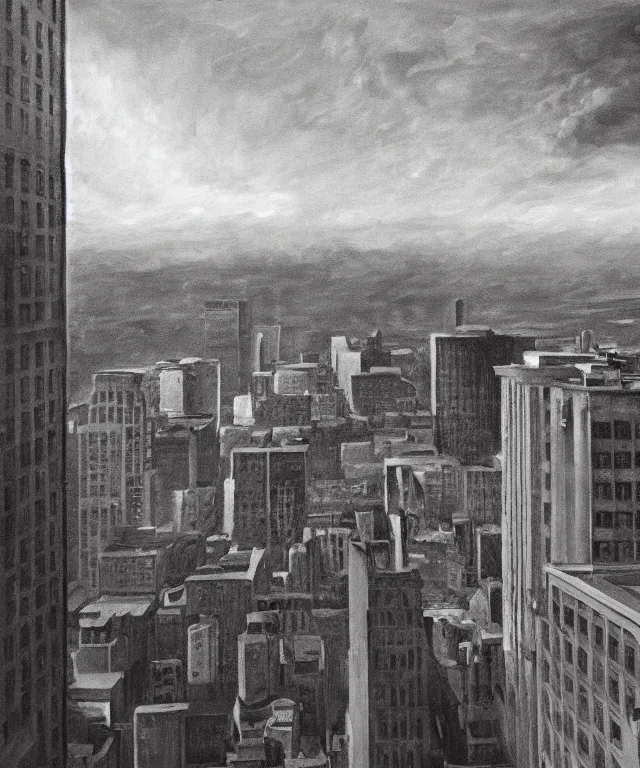 Image similar to horrifying full color photorealistic painting of the view from a 1 9 2 5 hotel terrace balcony overlooking a warped view of downtown boston with a cosmic sky, dark, atmospheric, brooding, smooth, finely detailed, cinematic, epic, in the style of lee gibbons