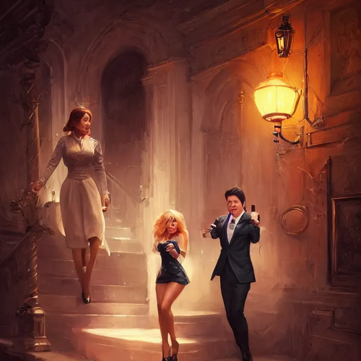 Image similar to portrait of michael mcintyre leaving a bar holding a singing waitress, elegant, real life skin, intricate artwork, high detailed, artstation, concept art, smooth, sharp focus, art by artgerm and greg rutkowski