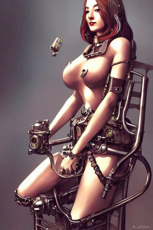 Prompt: retrofuturistic female android tied to a chair, steampunk, gears, detailed mechanical parts, painting by artgerm julie bell