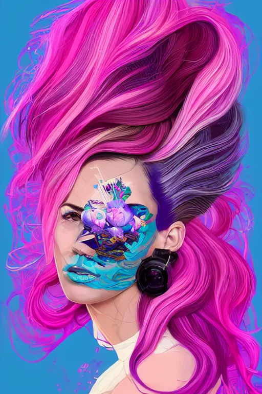 Prompt: a award winning half body porttrait of a beautiful woman in a croptop with ombre purple pink teal hairstyle with head in motion and hair flying by sandra chevrier, outrun, vaporware, illustration, digital art, trending on artstation, highly detailed, fine detail, intricate