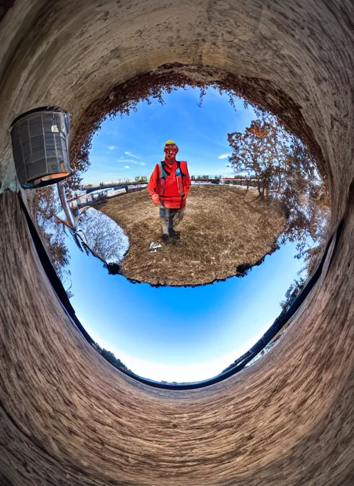 Prompt: kfum worker smiling and giving a thums up out doors. fisheye lens