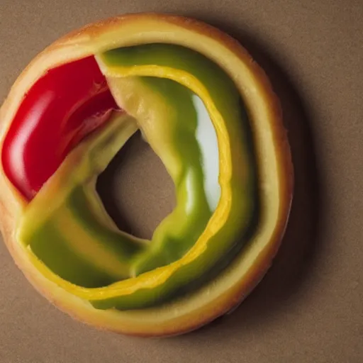 Prompt: Perfectly circular donut!!!!! in the style and shape of a tomato!!!!!!, blended colors!!!!!, trending on artstation, 4k, 8k, professional photography, overhead shot, 35mm lens