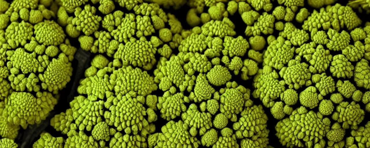 Prompt: biomechanical romanesco broccoli city, close up, depth of field, highly detailed, photorealistic