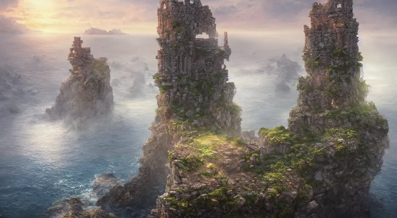 Prompt: hyper realistic detailed matte painting of stone tower ruins on a rocky cliff, calm foggy sea in the background, sunset lighting, hyperdetailed unreal engine 8 k ultra hd, stanley artgerm lau, rossdraws, james jean marc simonetti ruan jia and mandy jurgens and artgerm and william illustration, digital art, concept art